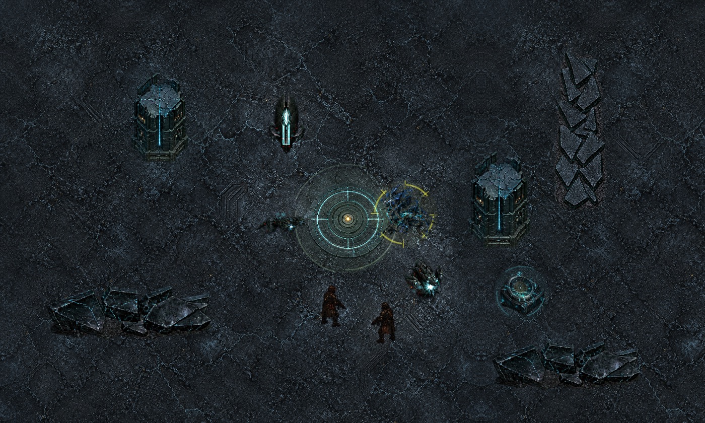 A squad approaches an illuminated mechanism in the fractured ASH frontier.
